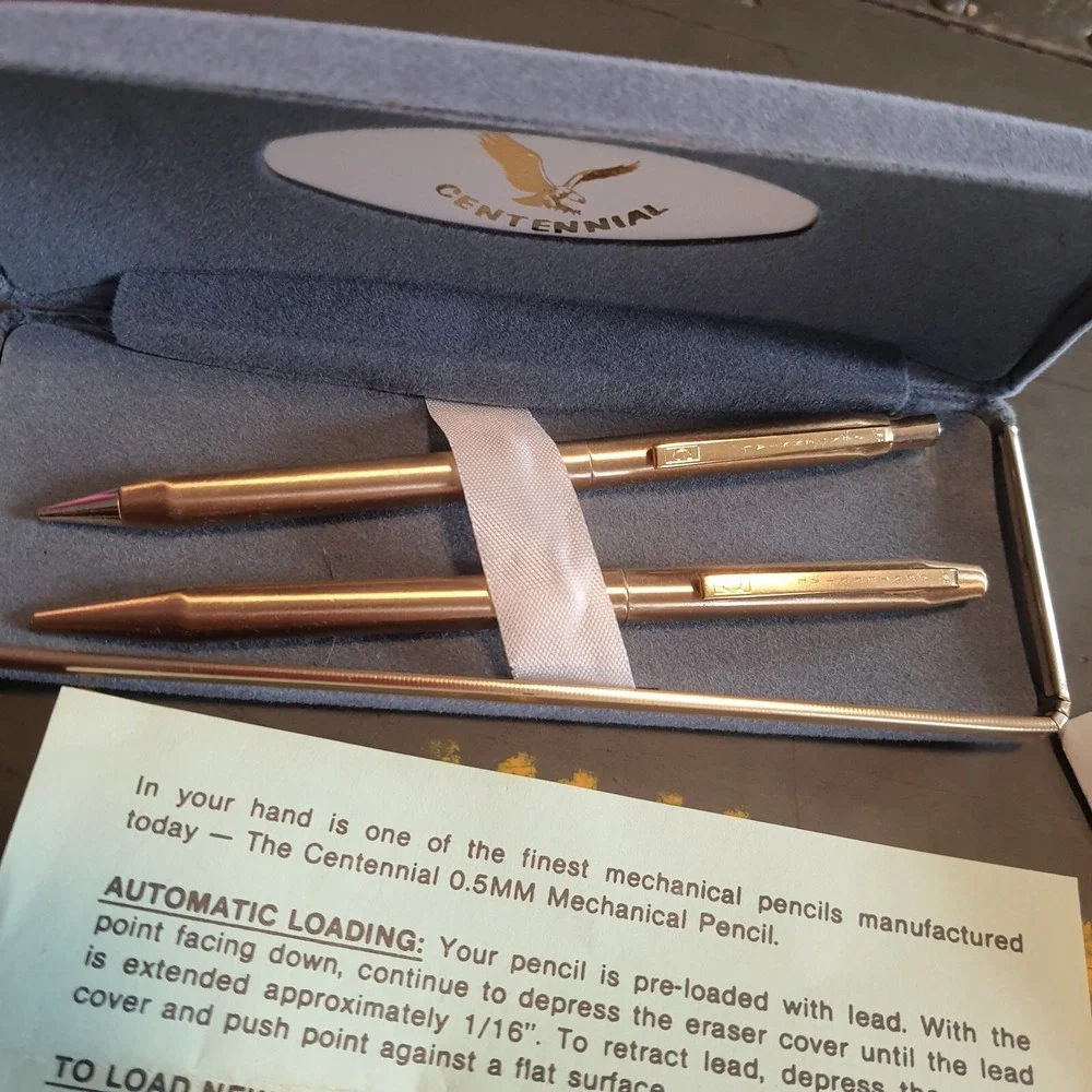Vintage Centennial Gold-Tone Pen & Mechanical Pencil Set in Gray Velvet Case NOS